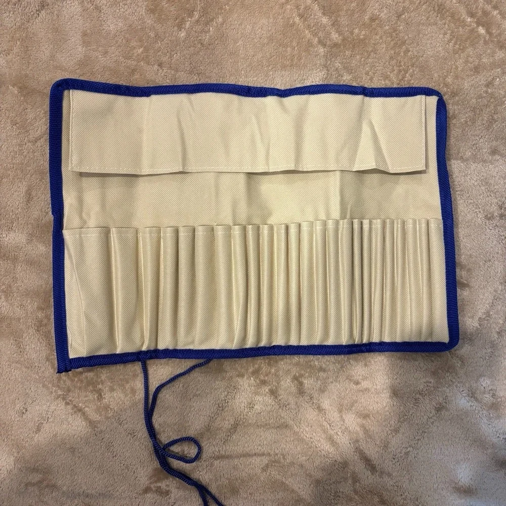Canvas Paint Brush Roll Up Case Artist Organizer Beige Blue Trim Multi Pocket